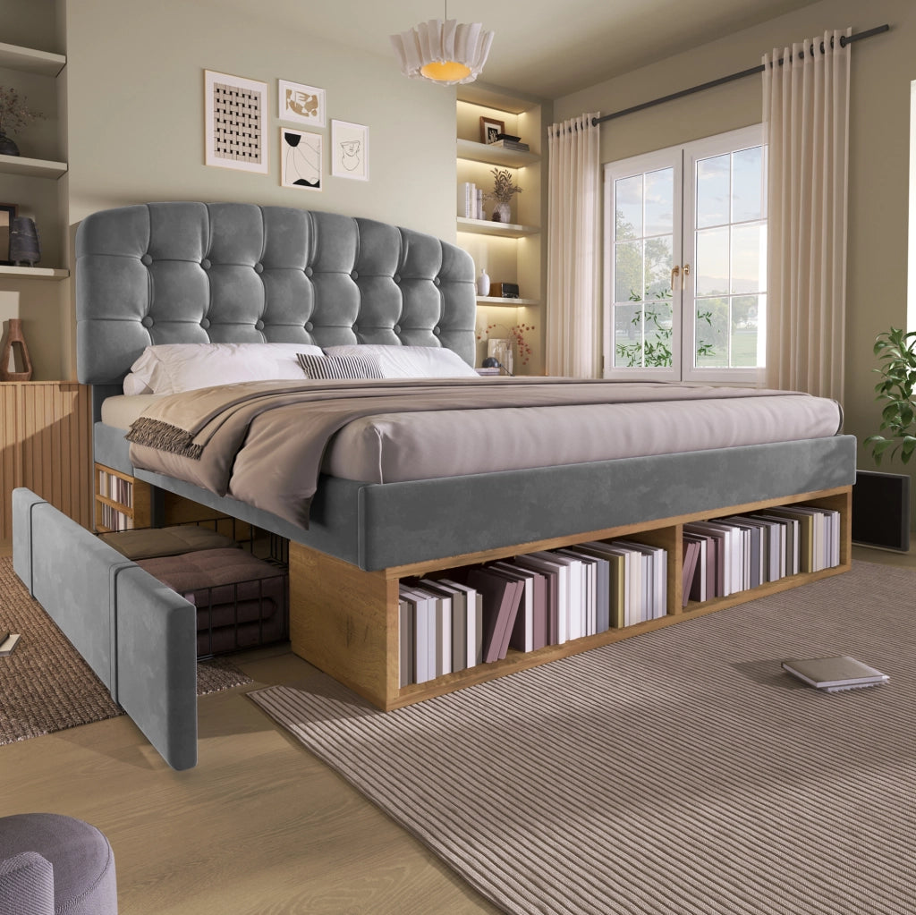 Letto imbottito 140x190 cm in velluto grigio con cassetti