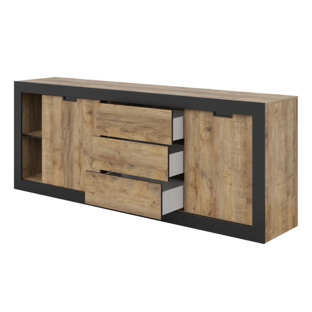 Buffet MEUNIER – 2 porte scorrevoli & 3 cassetti – Rovere Samdal & nero opaco – 220×85×45 cm