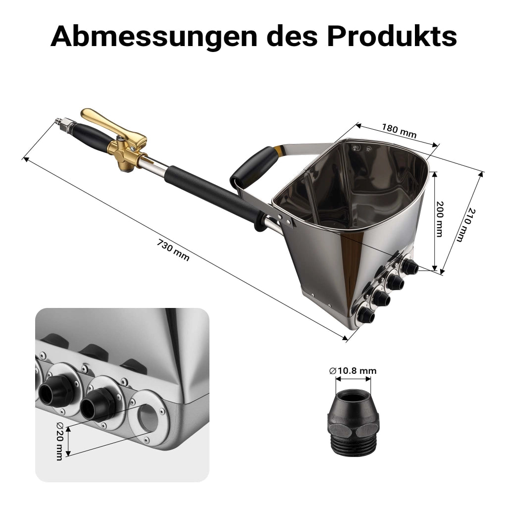 Intonacatrice a spruzzo 6-10 bar, macchina per intonaco con ugello da 8 mm, imbuto da 3,7 l, lunghezza 72 cm, pistola per malta in alluminio e acciaio inox