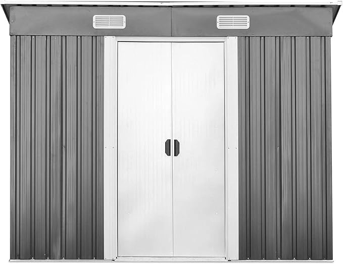 Casetta da Giardino Porta Attrezzi in Lamiera Acciaio Zincato, con Sfoghi, Ante Scorrevoli e Maniglie, Capanno da Esterno per Cortile, Giardino e Fattoria, 238 x 131 x 181 cm