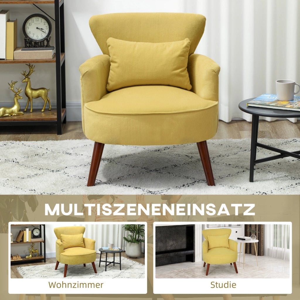 Poltrona moderna con braccioli e cuscino lombare ¨C zephmum ¨C gialla, gambe in legno di gomma