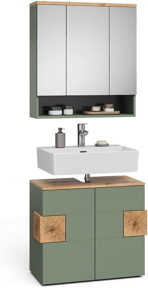 Set mobili bagno Eden, Verde, 73 cm, composto da specchio da bagno e mobile sottolavabo