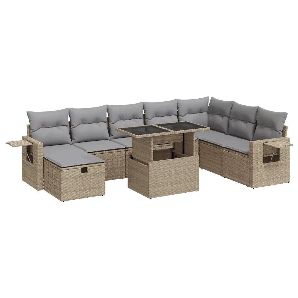 Set Divano da Giardino 9 pz con Cuscini Beige in Polyrattan