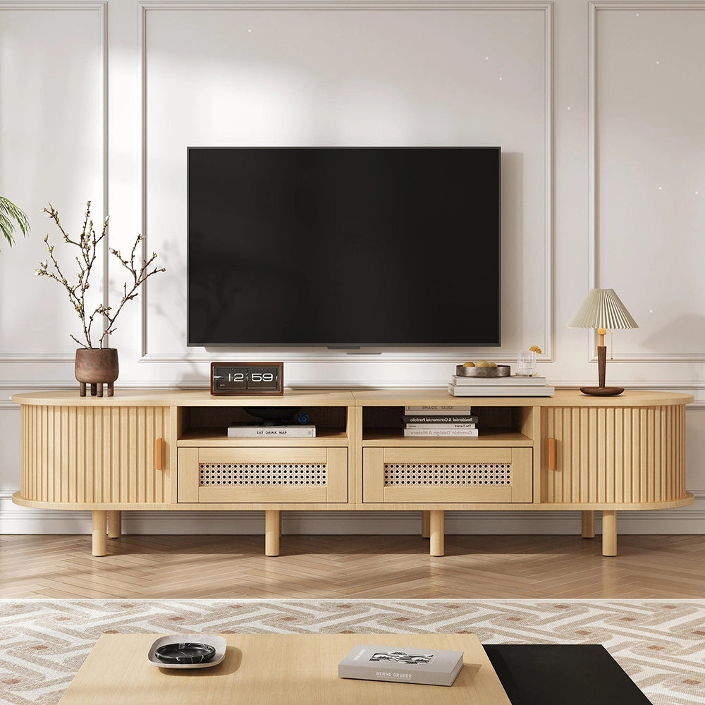 Mobile TV Ovale 170x40x40cm - Xylo - 2 Cassetti in Vimini, 2 Ante Scorrevoli, Legno