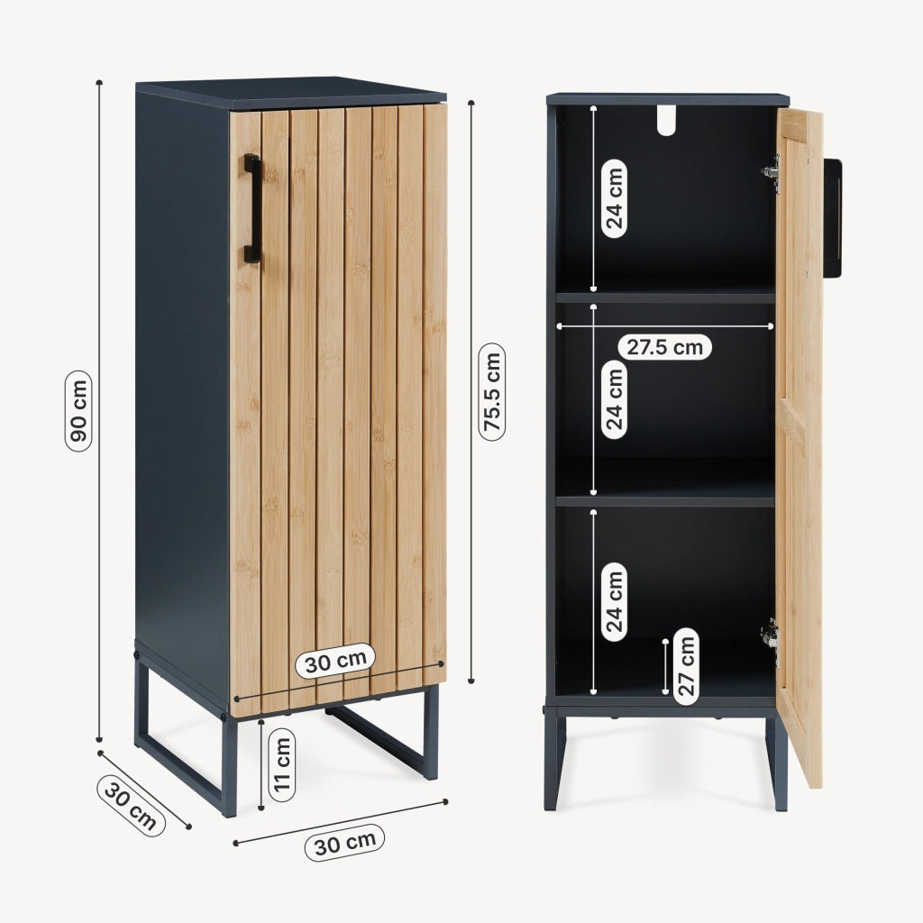 Mobile da Terra Svanes con Anta in Bambù e Ripiani per Bagno 90 x 30 x 30 cm - Grigio Scuro/Naturale [en.casa]