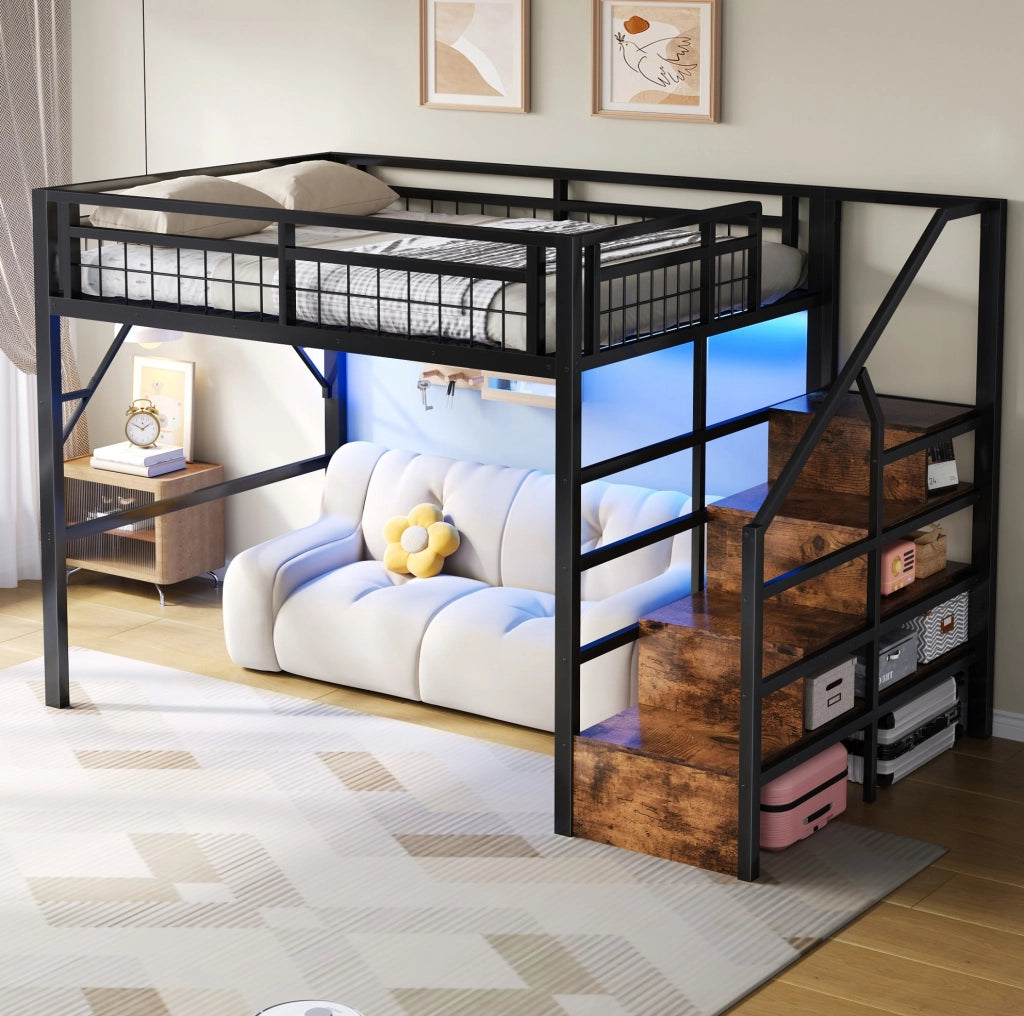 Letto a soppalco 140x200 cm in metallo nero con LED e scala contenitore
