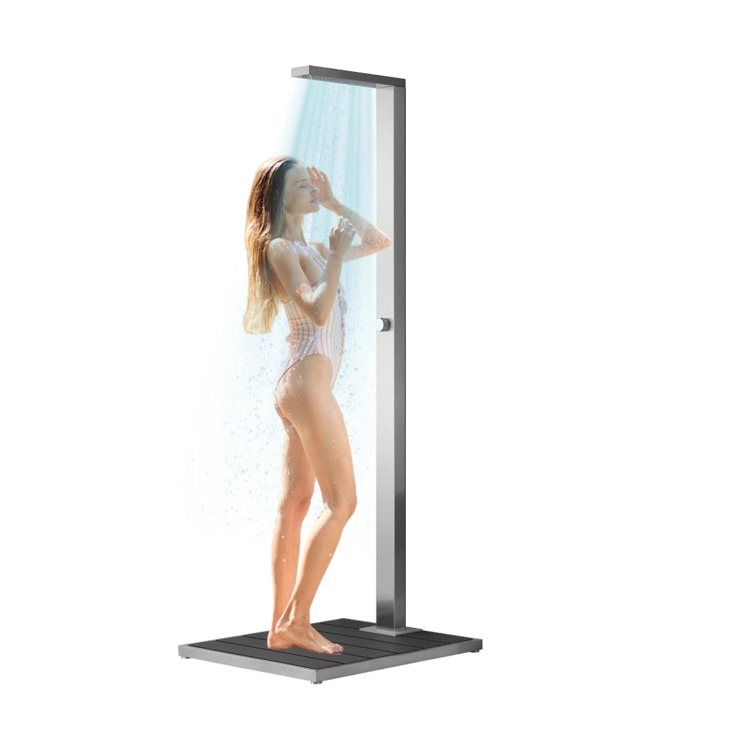Doccia da esterno inox spazzolato modello faggio con pedana antiscivolo wpc