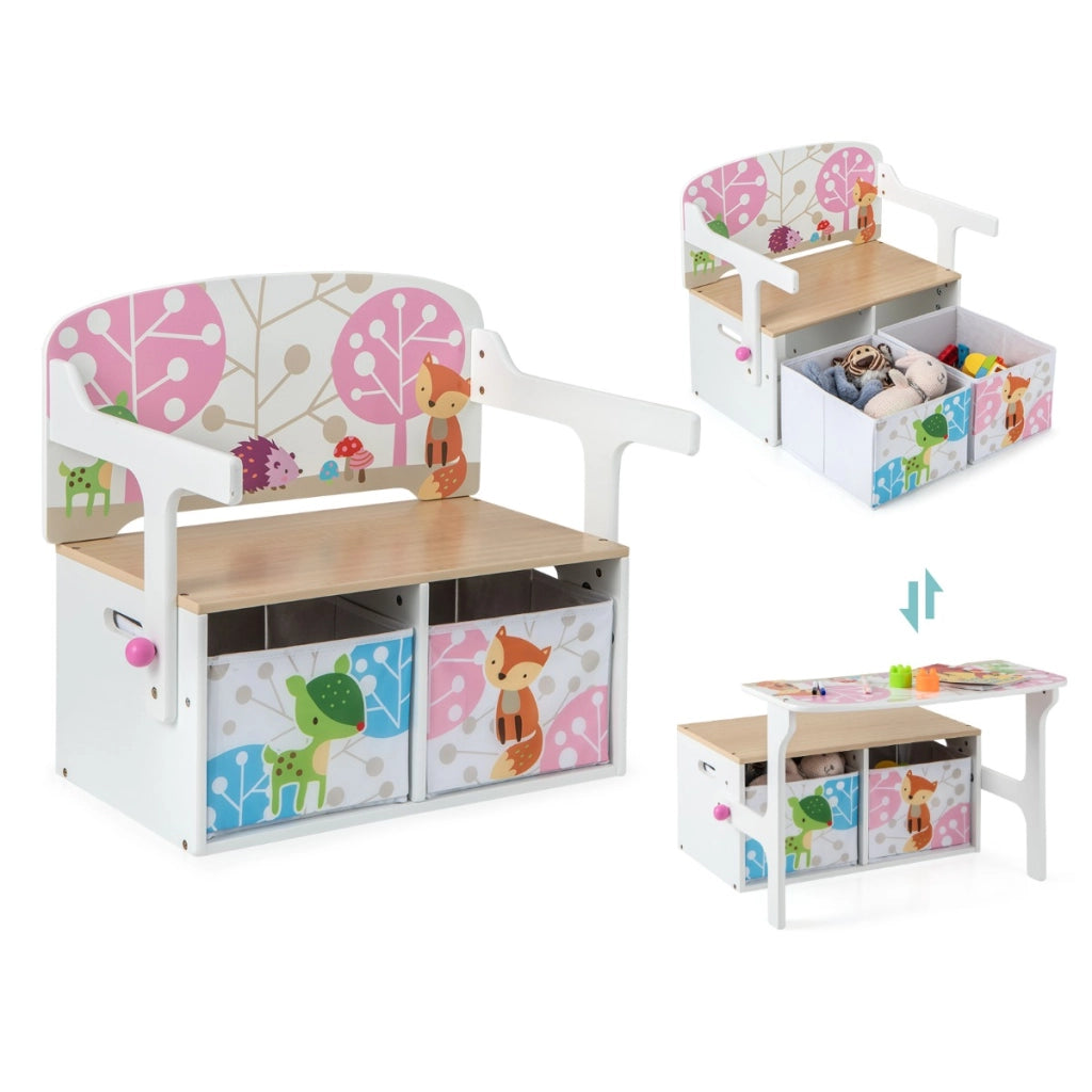Panchina attivit¨¤ convertibile per bambini, Set tavolo e sedie per bambini con 2 cassetti in tessuto rimovibili Bianco