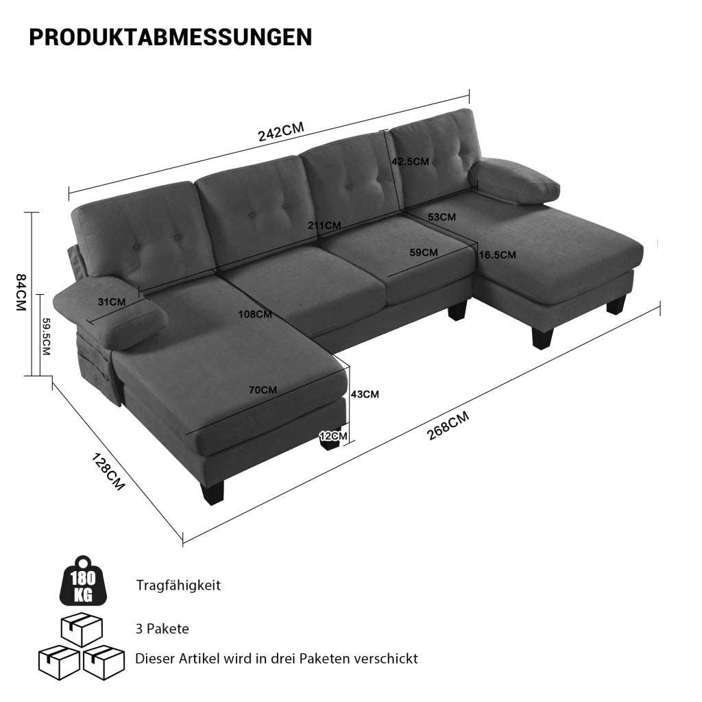 Divano con chaise-longue su entrambi i lati in chenille, tasche laterali, braccioli rimovibili con zip, grigio 268 × 128 × 84 cm