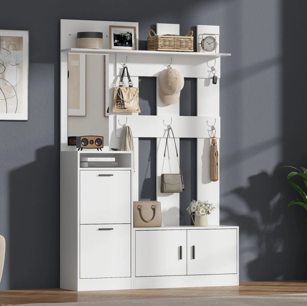 Garderoba ingresso multifunzione 120x30x180 cm con specchio; scarpiera ribaltabile e 6 ganci; bianco