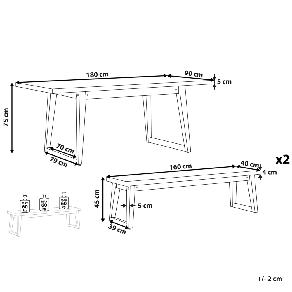 Set da pranzo per esterni in fibra di cemento grigio legno di acacia chiaro 6 persone tavolo 2 panche design moderno