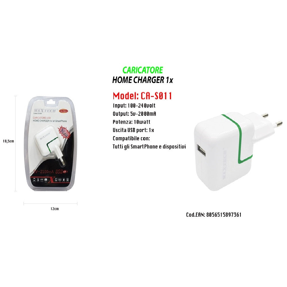 Trade Shop - Caricabatteria Caricatore Usb Ultra Ricarica Per Smartphone 5v-2100ma Maxtech Ca-s011 -