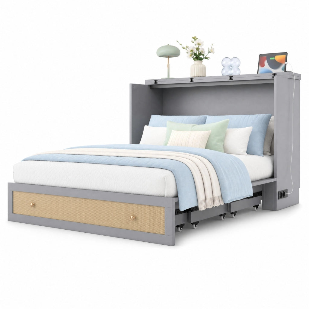 Letto a scomparsa con cassetti e ripiano, 140 x 200 cm, grigio