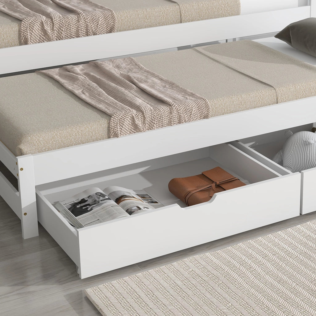 Letto multifunzione con letto estraibile, 2 cassetti e struttura in legno bianco