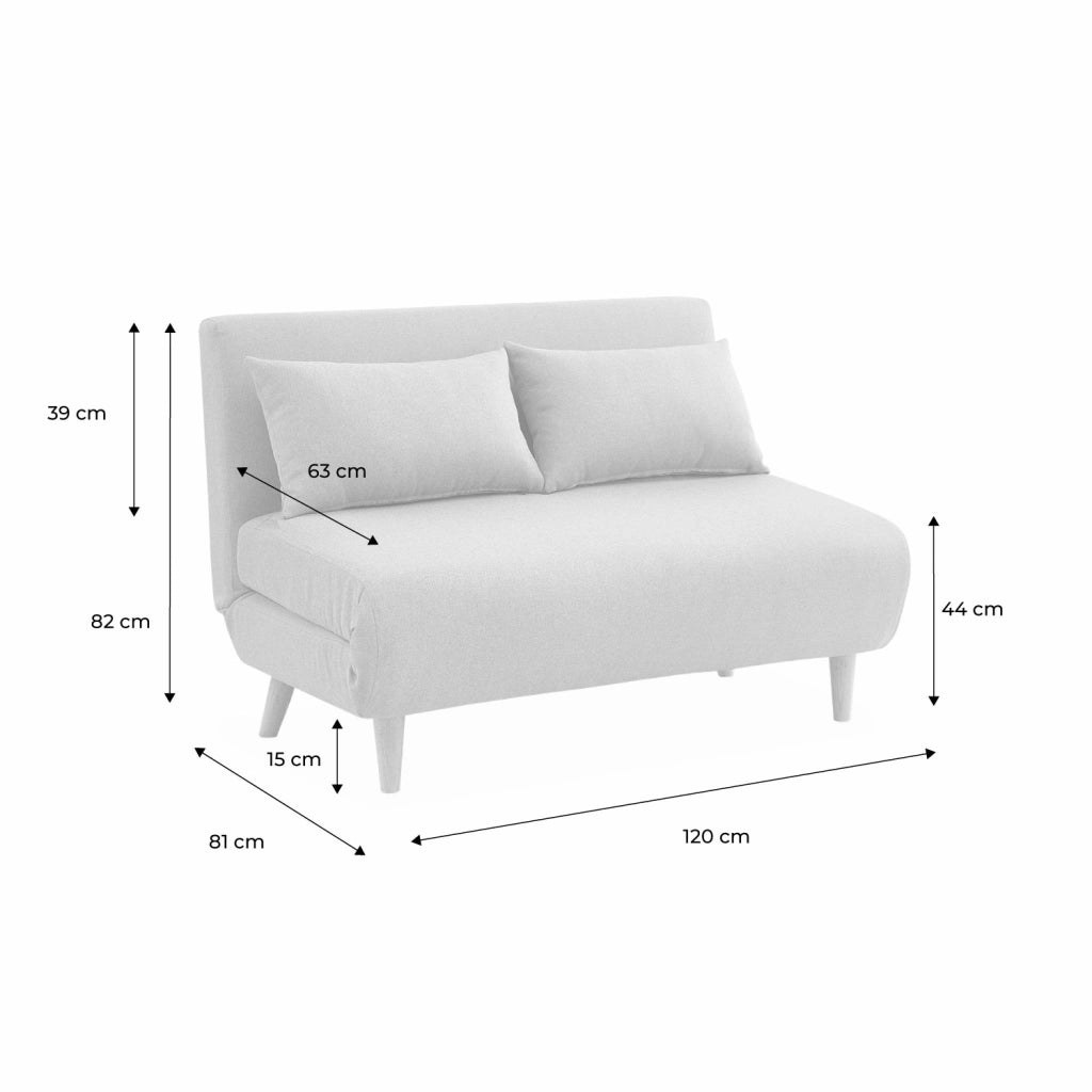 Divano letto in tessuto con gambe in legno, 2 posti, beige