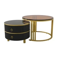 Tavolino 2-in-1 in MDF con Piano Lucido e Piano in Vetro Temperato Marrone, Combinazione Tavolino Soggiorno con 2 Cassetti, Nero