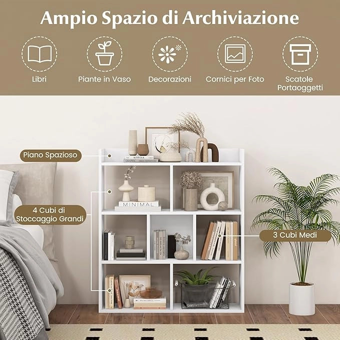 Libreria a Cubi con 7 Scomparti, Mensola Espositiva per l'Archiviazione, Libreria in Legno con Dispositivi Anti-Ribaltamento, per Studio Soggiorno, 80x20x90 cm (Bianco)