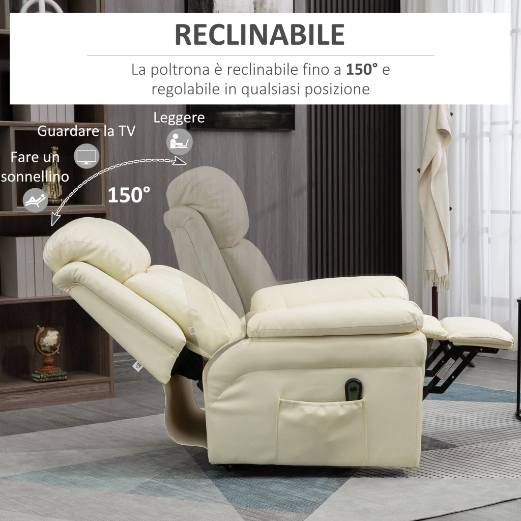 Poltrona Relax Alzapersona Elettrica con Imbottitura Spessa e Telecomando, 96x93x105 cm, Crema