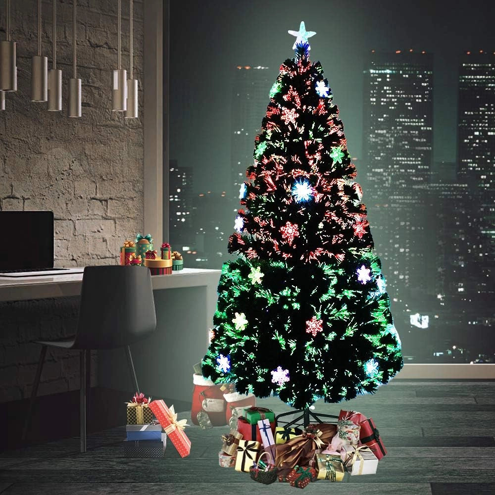 Albero di Natale artificiale 210 cm, albero di Natale artificiale con fiocco di neve e punta a stella, albero di Natale in fibra di vetro colorato, cambio colore automatico