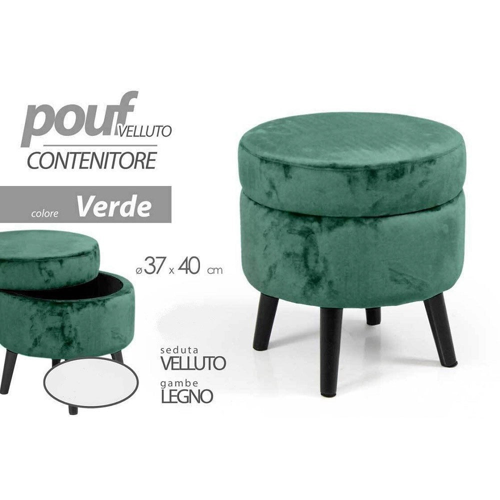 Trade Shop - Pouf Contenitore Poggiapiedi Sgabello Pouff Velluto Legno Verde 40x37cm 801709 -