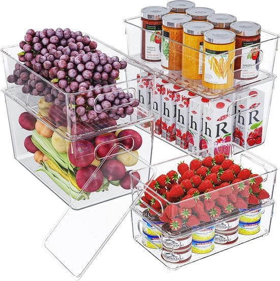 Set di organizzatori per frigorifero con coperchio, 6 organizzatori per frigorifero stivellabili, BPA libero, sistema di archiviazione trasparente in plastica, contenitore di archiviazione per la cucina, cassetto, armadi