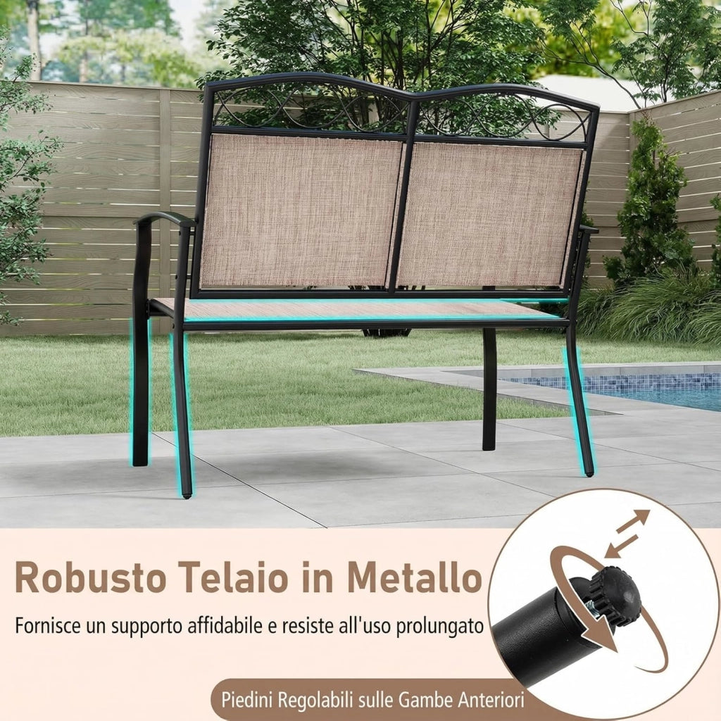 Panca da Esterno per 2 Persone, Divano in Metallo Robusto con Tessuto Traspirante, Tessuto in Textilene, con Braccioli Curvi per Giardino, Veranda, Piscina, Portata Massima 300 kg