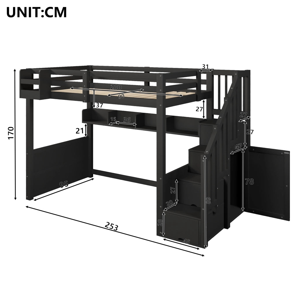 Letto a soppalco 90x200 cm con armadio; scala contenitore; 4 vani e illuminazione LED; pino e MDF; nero