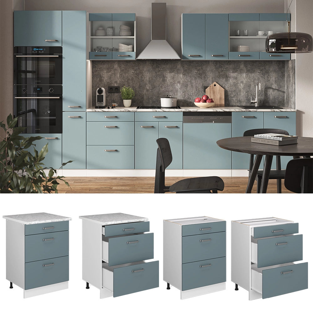 Vicco Mobiletto base per cucina Grigio-blu 60 cm con cassetti PL Marmo