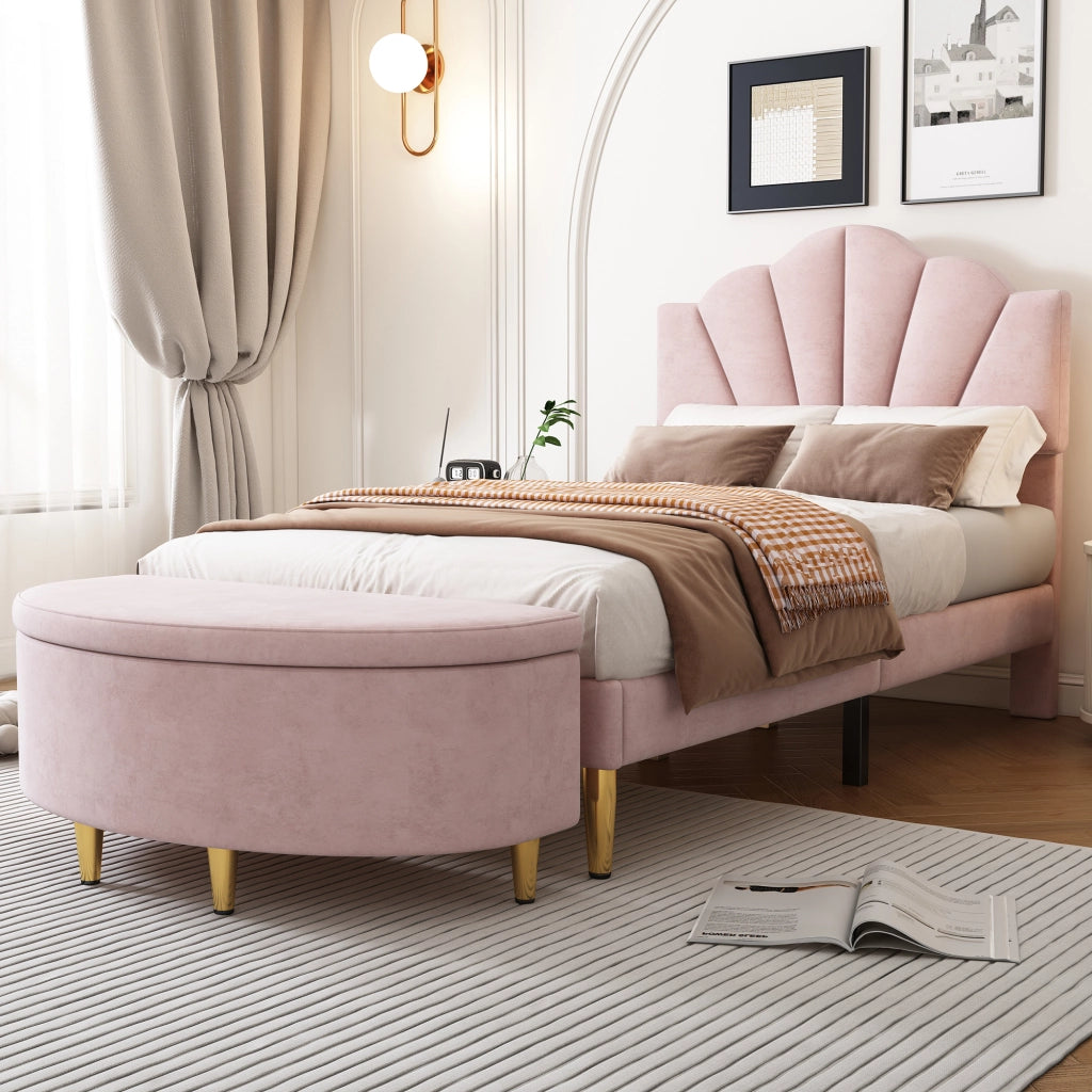 Panca Imbottita con Contenitore; Seduta in Velluto; Gambe in Metallo; Design Europeo; per Ingresso e Camera; Rosa