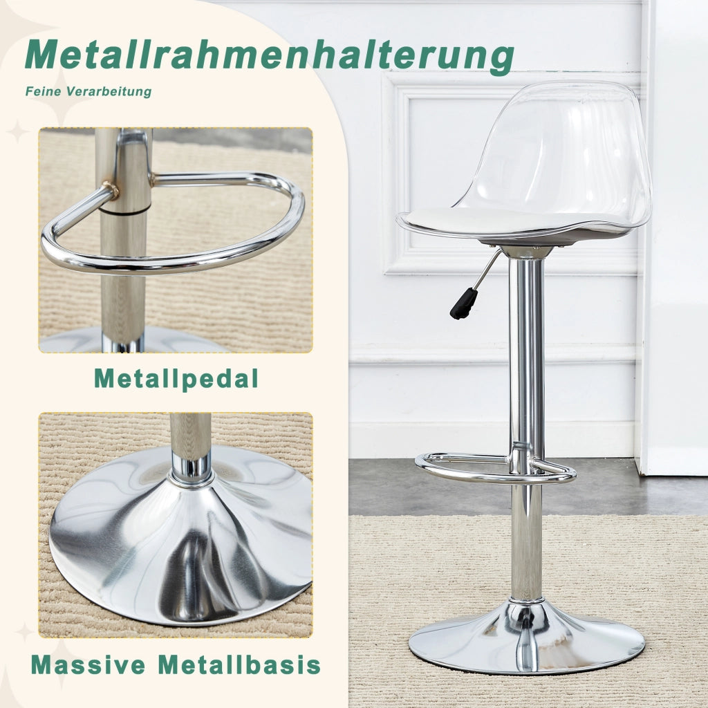 Set di 2 Sgabelli da Bar; Altezza Regolabile; Seduta Girevole; Schienale Trasparente; Poggiapiedi; Metallo e Plastica; Bianco e Argento