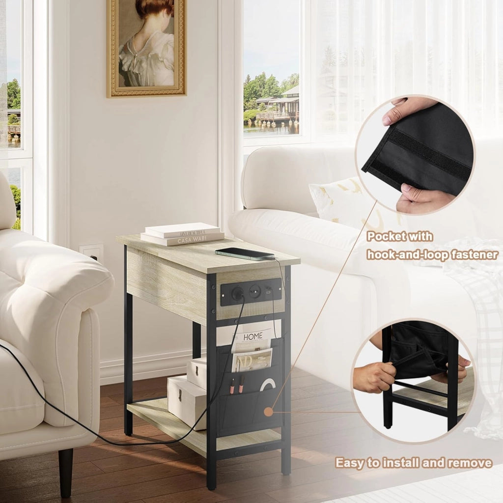 Tavolino da Salotto con Area di Ricarico, Tavolino da Divano Laterale, Comodino con Piano Ribaltabile, Scatola in Tessuto, 2 Prese e 2 Porta USB, Rovere Chiaro