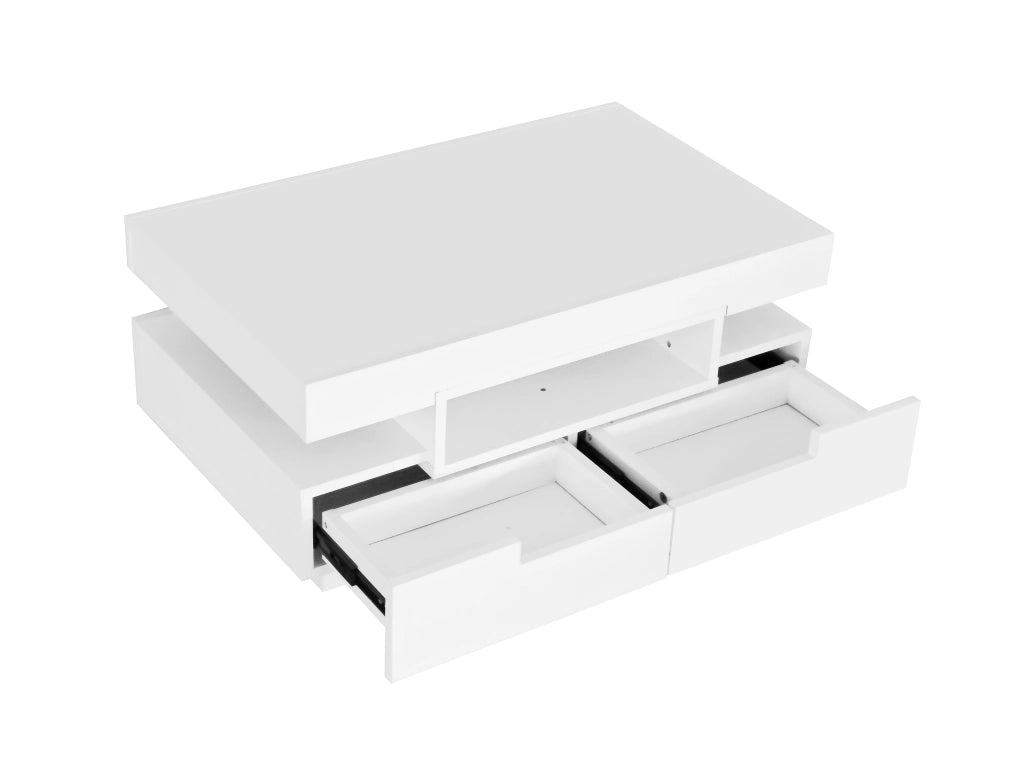 Tavolino da caffè con 4 Cassetti e 3 Vani Aperti; Striscia LED; Bianco Lucido; Stile Moderno; in Pannello truciolare; 80×50×36 cm