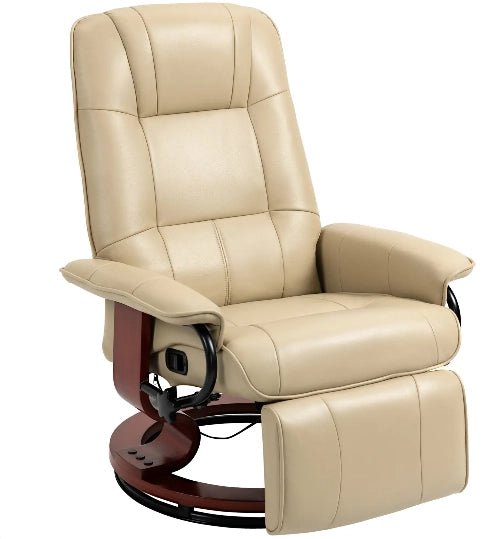 Poltrona relax girevole con schienale reclinabile a 145°, poggiapiedi manuale e base in legno, crema bianco
