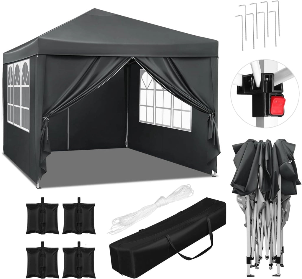 Gazebo da Giardino Richiudibile 3x3m Gazebo da Esterno in Ferro Regolabile in Altezza Tendone Pieghevole con Telo Idrorepellente,Set di 4 Sacchi di Sabbia, Facile da Montare Antracite