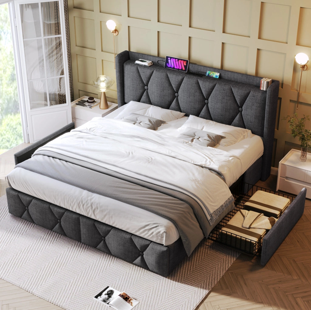 Letto matrimoniale 140x200 cm con 4 cassetti; USB e prese; in lino grigio