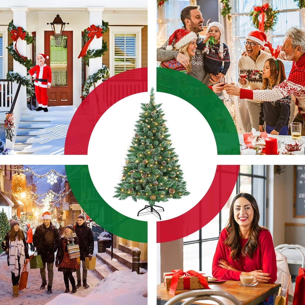 Albero di Natale artificiale con illuminazione, 210 cm, in PVC, albero di Natale artificiale, con 350 LED e supporto, decorazione natalizia con neve e pigne