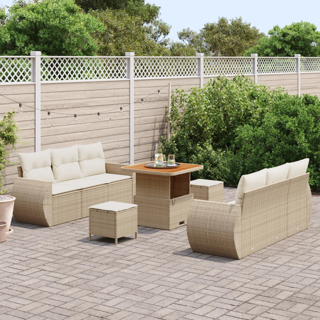 Set di divani da giardino a 9 pezzi con cuscini in rattan polyrattan beige acacia