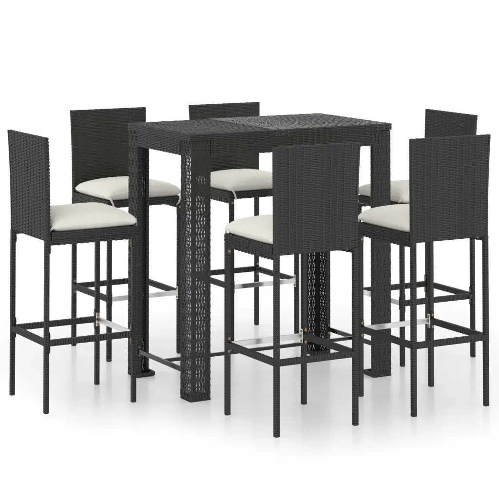 Set Bar da Giardino 7 pz con Cuscini in Polyrattan Nero