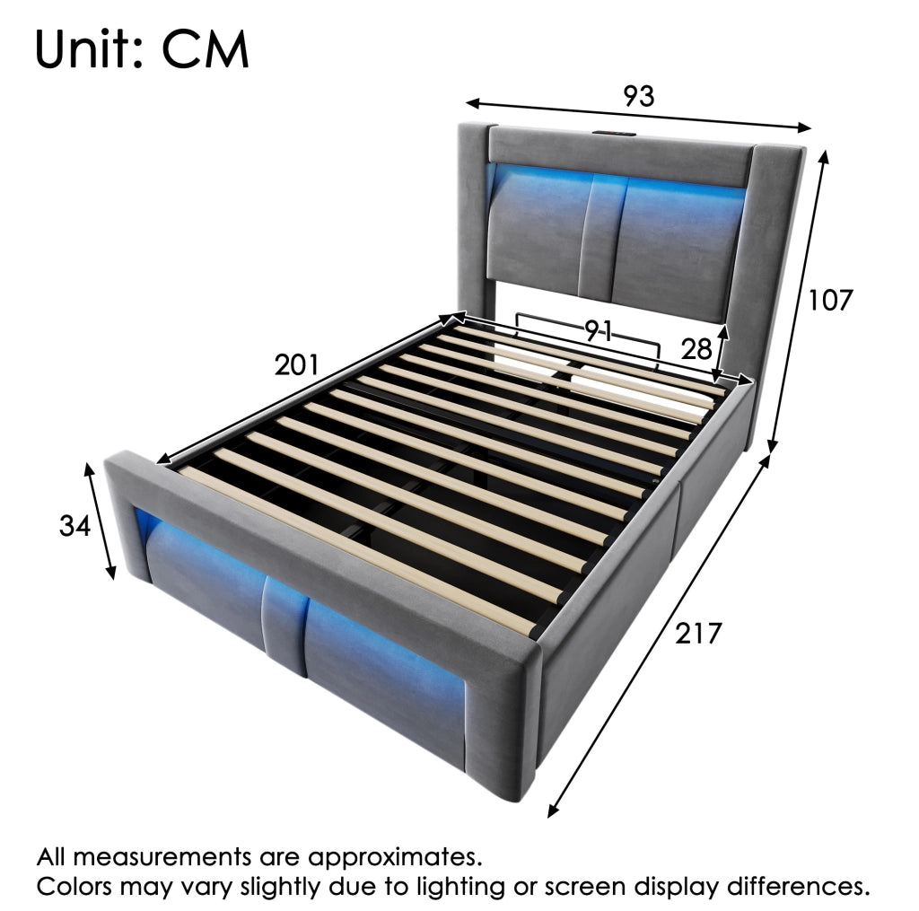 Letto singolo 90x200 cm con contenitore; LED; USB e Type-C; velluto grigio; con materasso