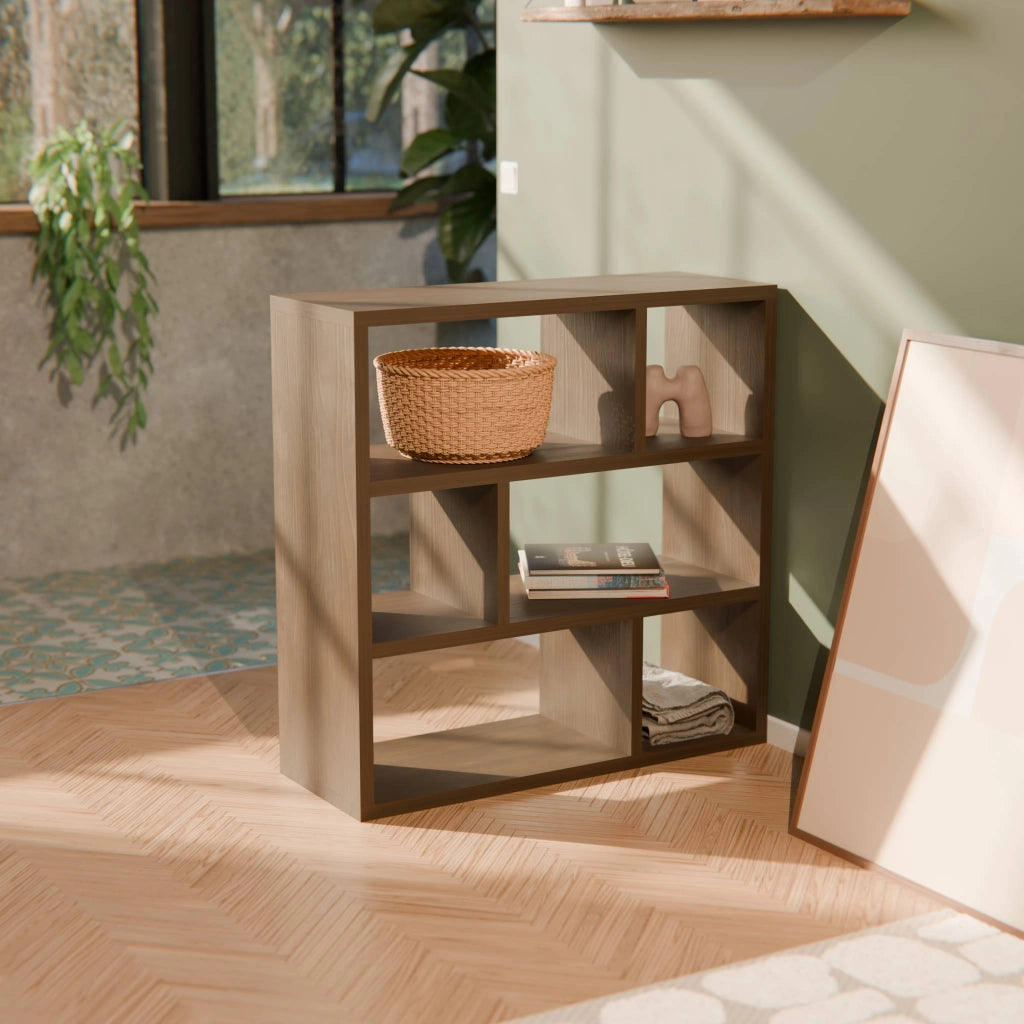 Libreria asimmetrica a 3 livelli con 6 vani, noce