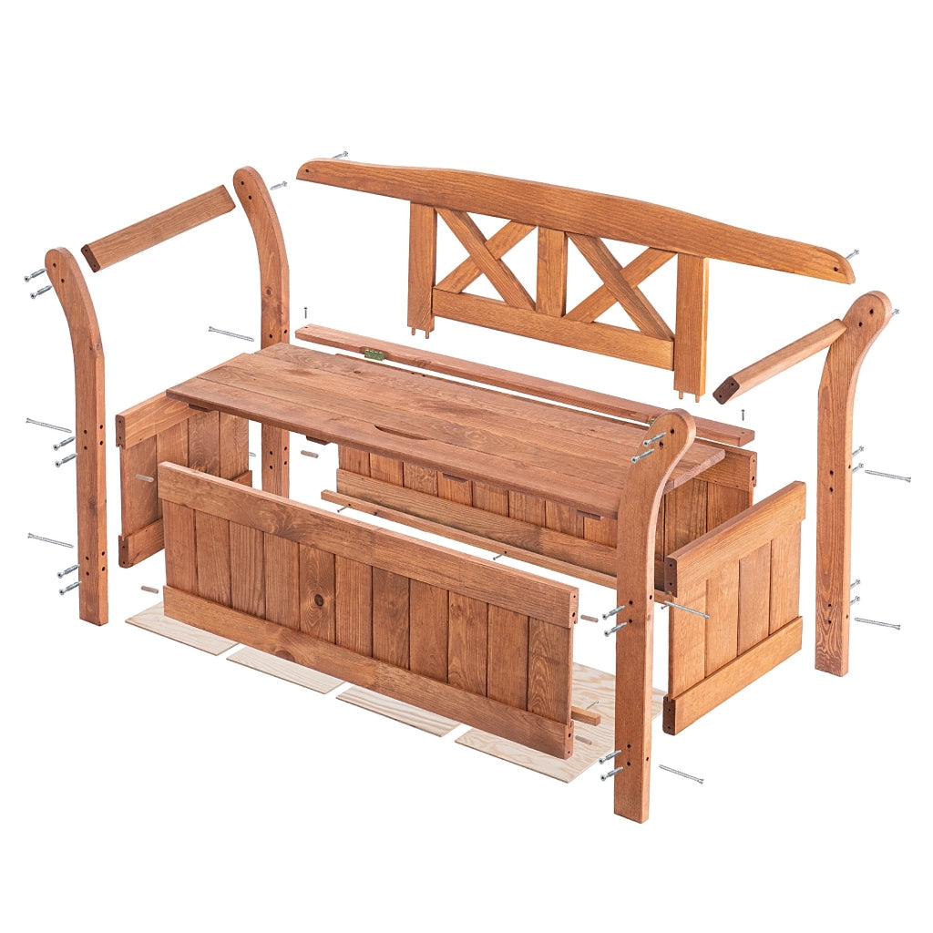 Panchina da giardino in legno KADAX con schienale, 119 cm, per terrazzo, con contenitore in rovere