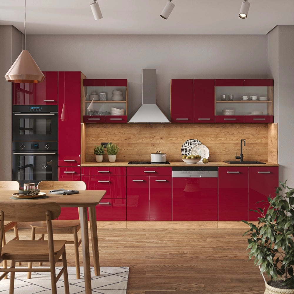Cucina componibile R-Line Rosso lucido/Rovere dorato 350 cm con armadio alto, PL Marmo Vicco