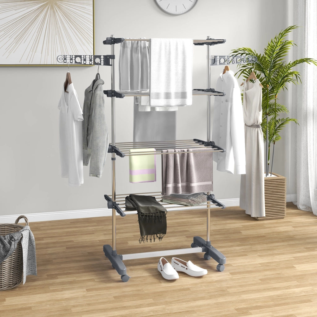 Stendino Verticale 4 Ripiani Regolabili 142x55x172 cm in Acciaio e Plastica Grigio e Argento