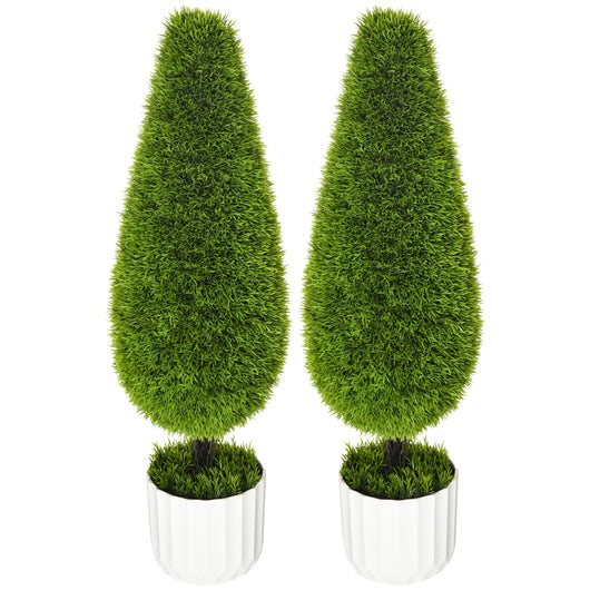 Set 2 Piante Cipresso Artificiali H90 Cm con Vaso Ø12x16 cm Verde e Bianco