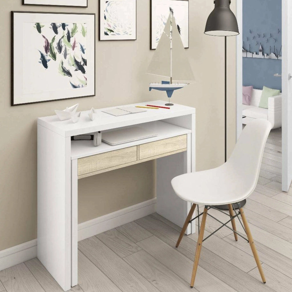 Consolle Andriy, Scrivania con piano estensibile, Scrittoio porta PC con 2 cassetti, cm 99x36h88, Bianco e Rovere