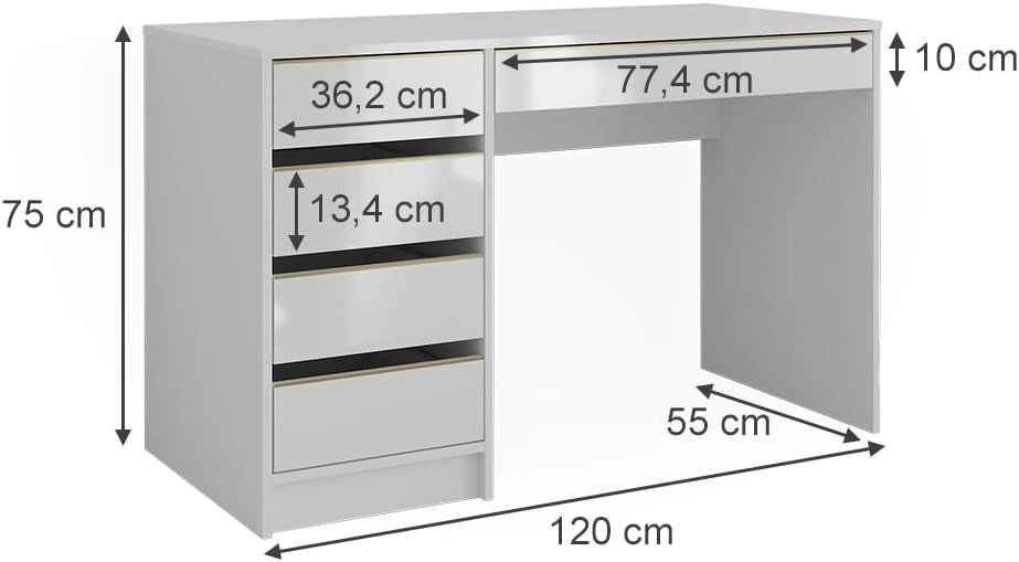 Tavolo da toeletta Sherry, Bianco/Oro, 120 cm Senza specchio, 5 cassetti per diverse esigenze di conservazione