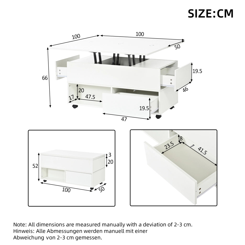 Tavolino basso sollevabile in truciolare con 4 cassetti, 2 vani aperti e rotelle, bianco, 100 × 50 × 52 cm