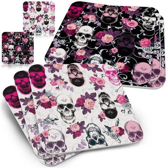 Schedel con rose - 50x sottopiani per vetrini quadrati - Coppe Schedel - Decorazione Rockabilly insolita - Sottopiano per bevande Sottopiano Schedel