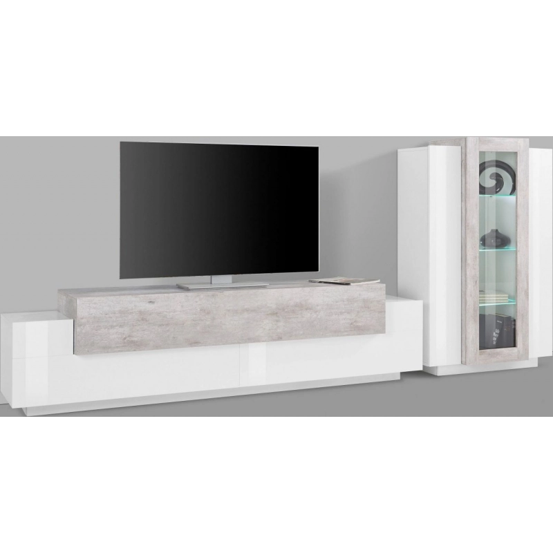 Set Soggiorno Coro 200 – Mobile + Vetrina – Bianco e Cemento
