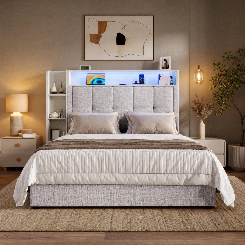 LETTO imbottito 90x200 cm in lino beige con USB e LED